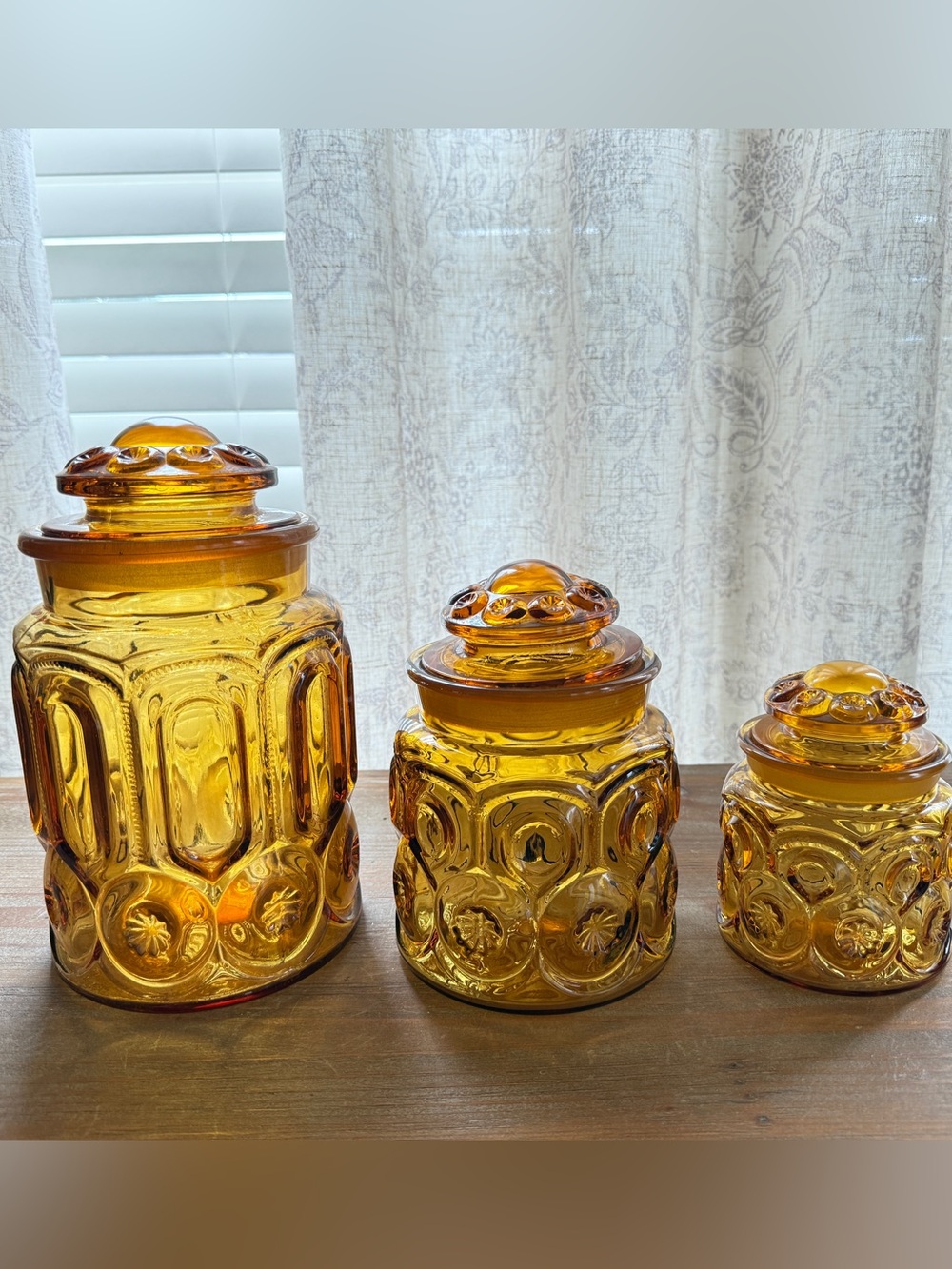 Vintage L.E.Smith Moon and Stars Amber Glass Canister Set with lids - 3 Piece